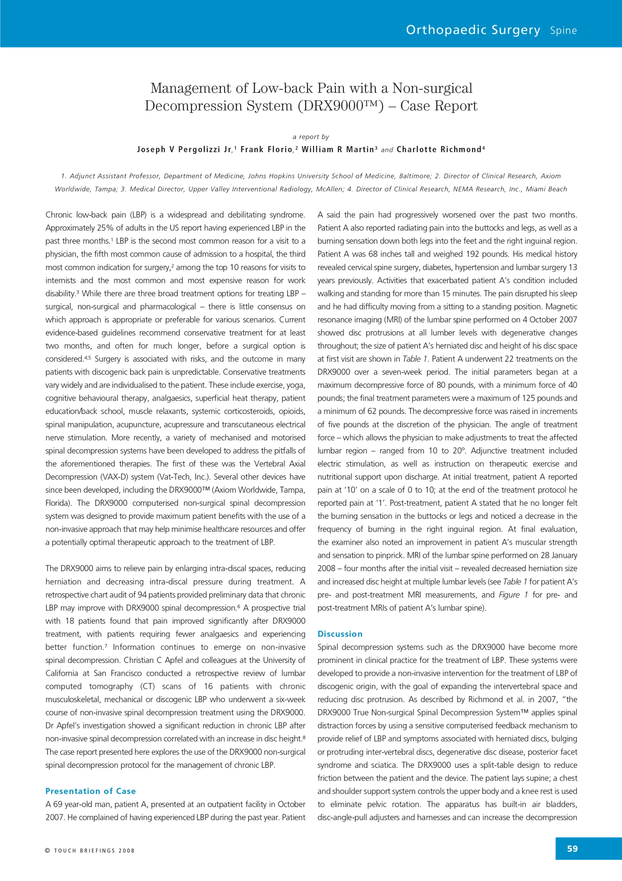 Management of Low-back Pain with a Non-surgical Decompression System – Case Report Cover