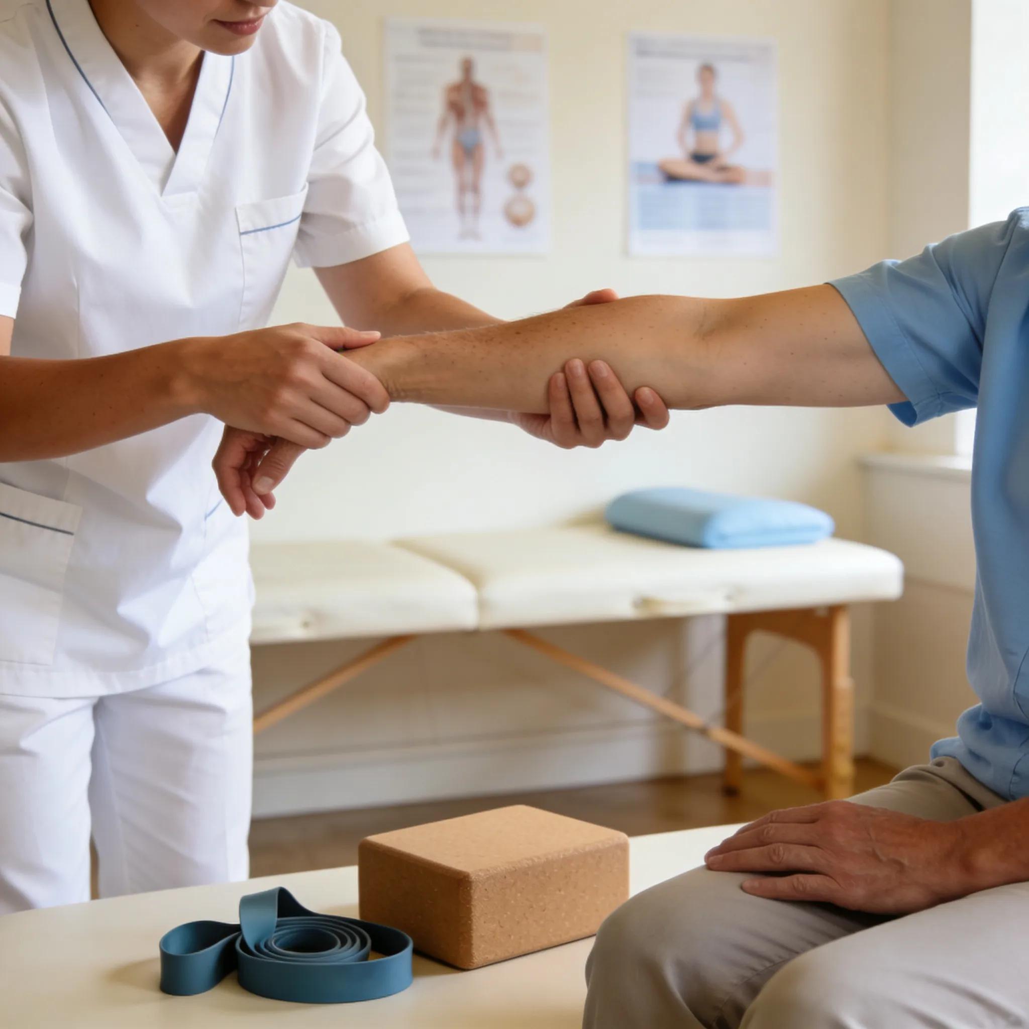 Therapist helping a patient with sciatica perform stretches during a physical therapy session, emphasizing rehabilitation