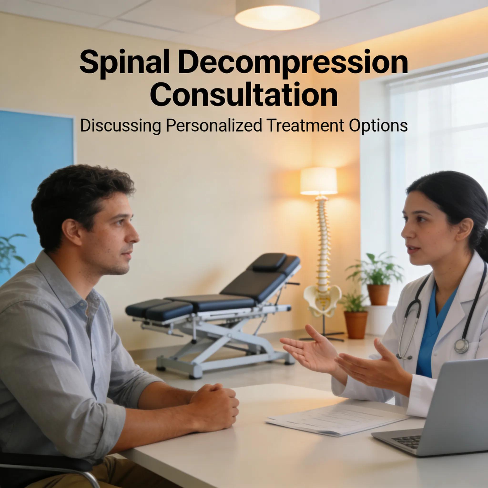 Patient consulting with practitioner at a spinal decompression clinic