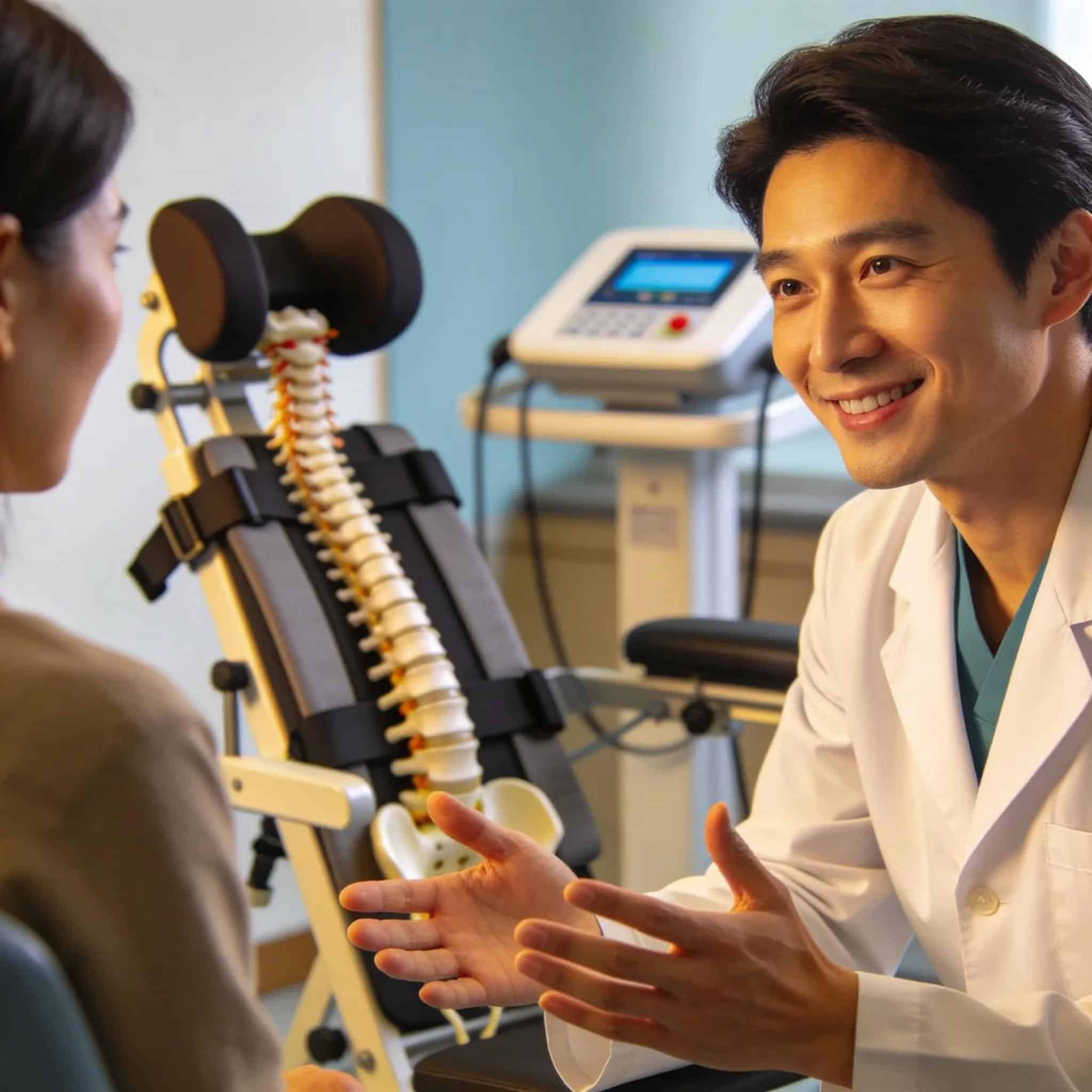 Healthcare professional discussing safety aspects of spinal decompression therapy with a patient