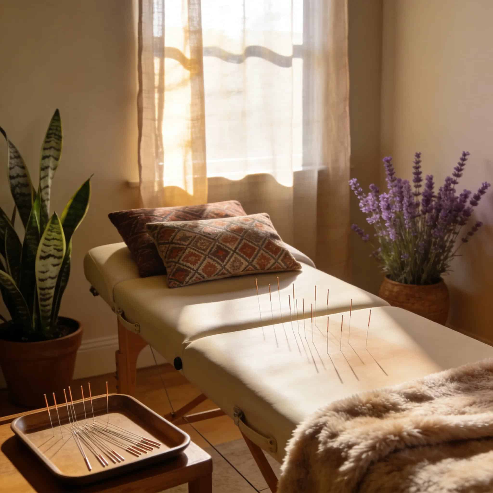Interior view of a serene therapy room designed for acupuncture, promoting healing and pain relief for sciatica