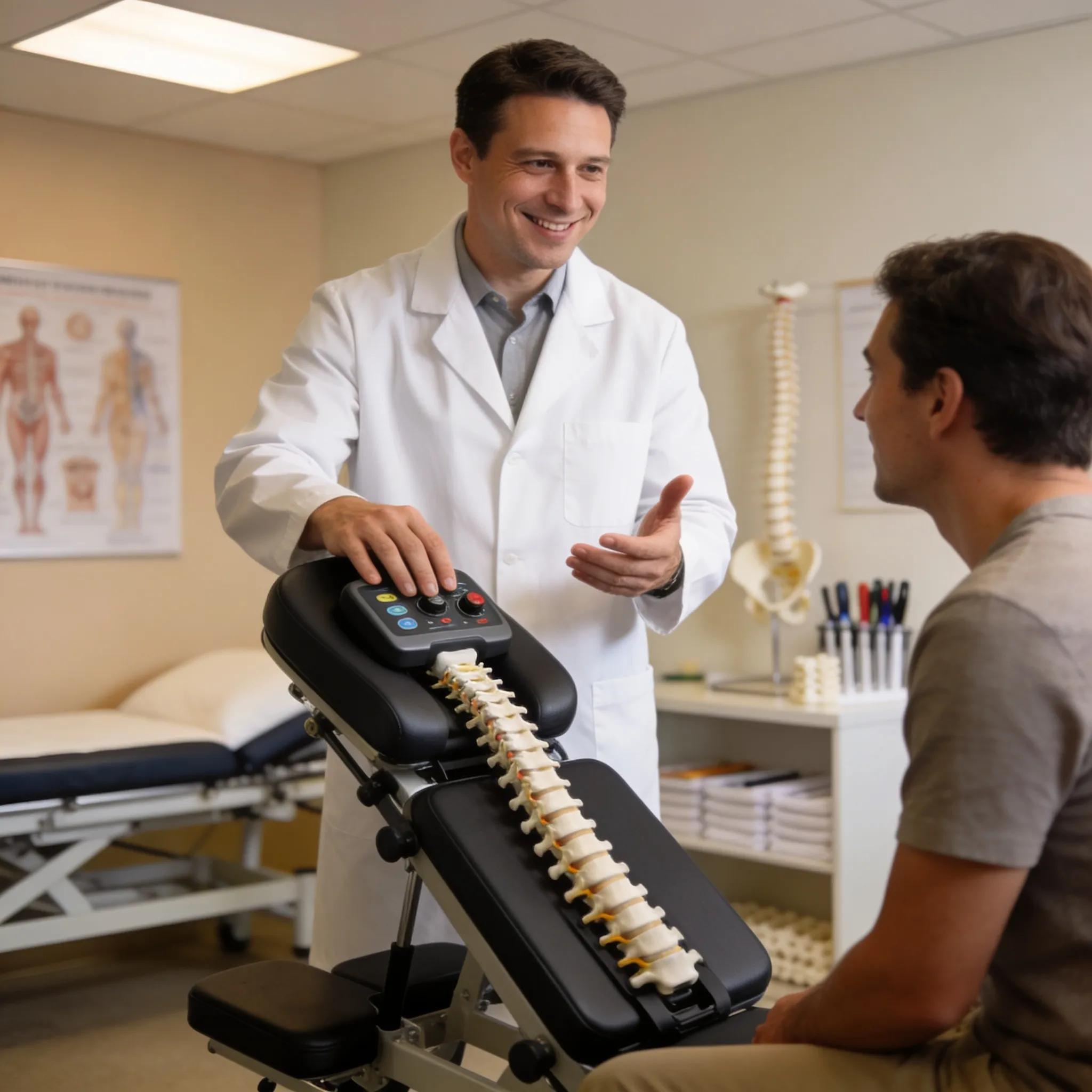Chiropractor explaining spinal decompression therapy to a patient, demonstrating its effectiveness and professional care in a clinic