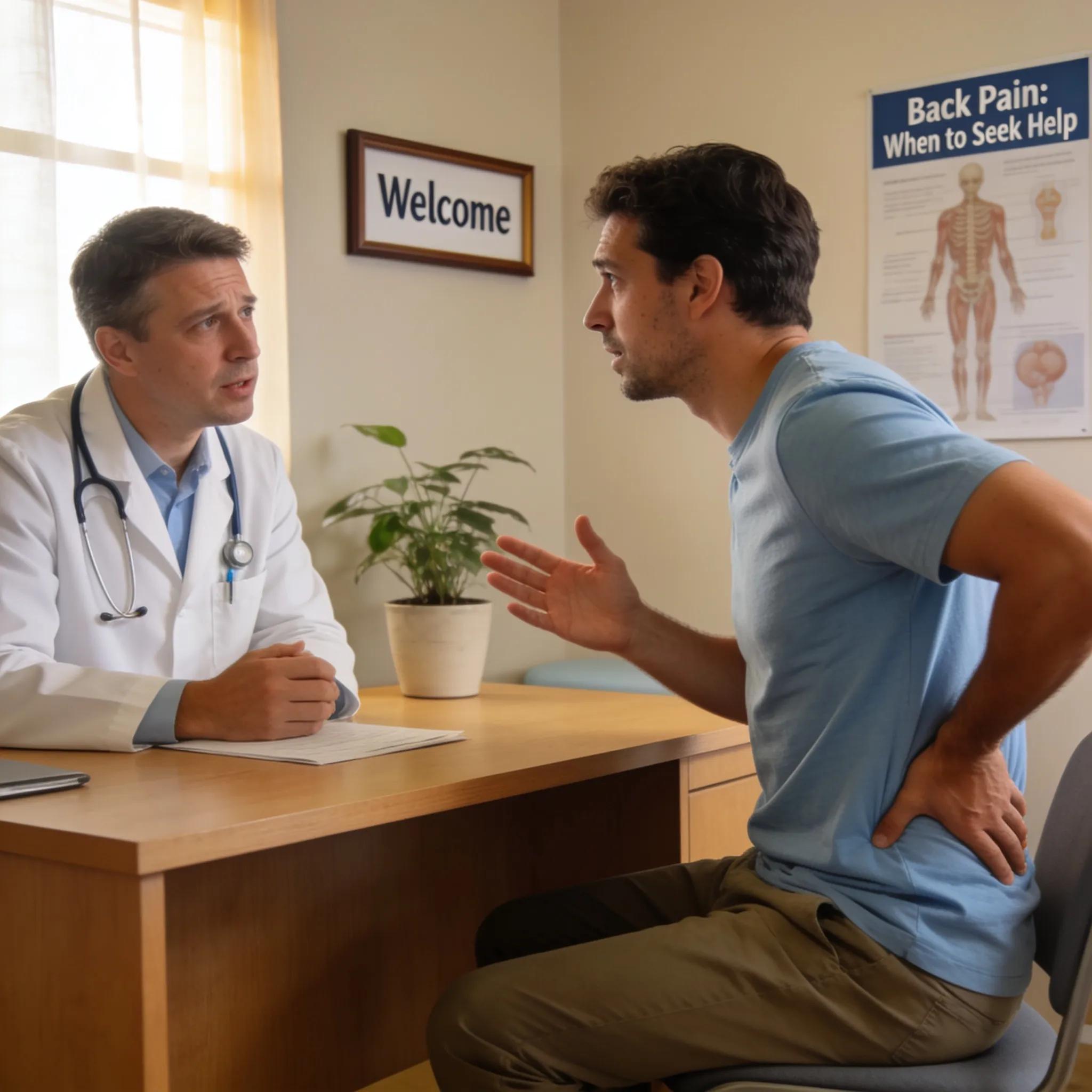 Patient consulting with a doctor about severe back pain and symptoms of a herniated disc
