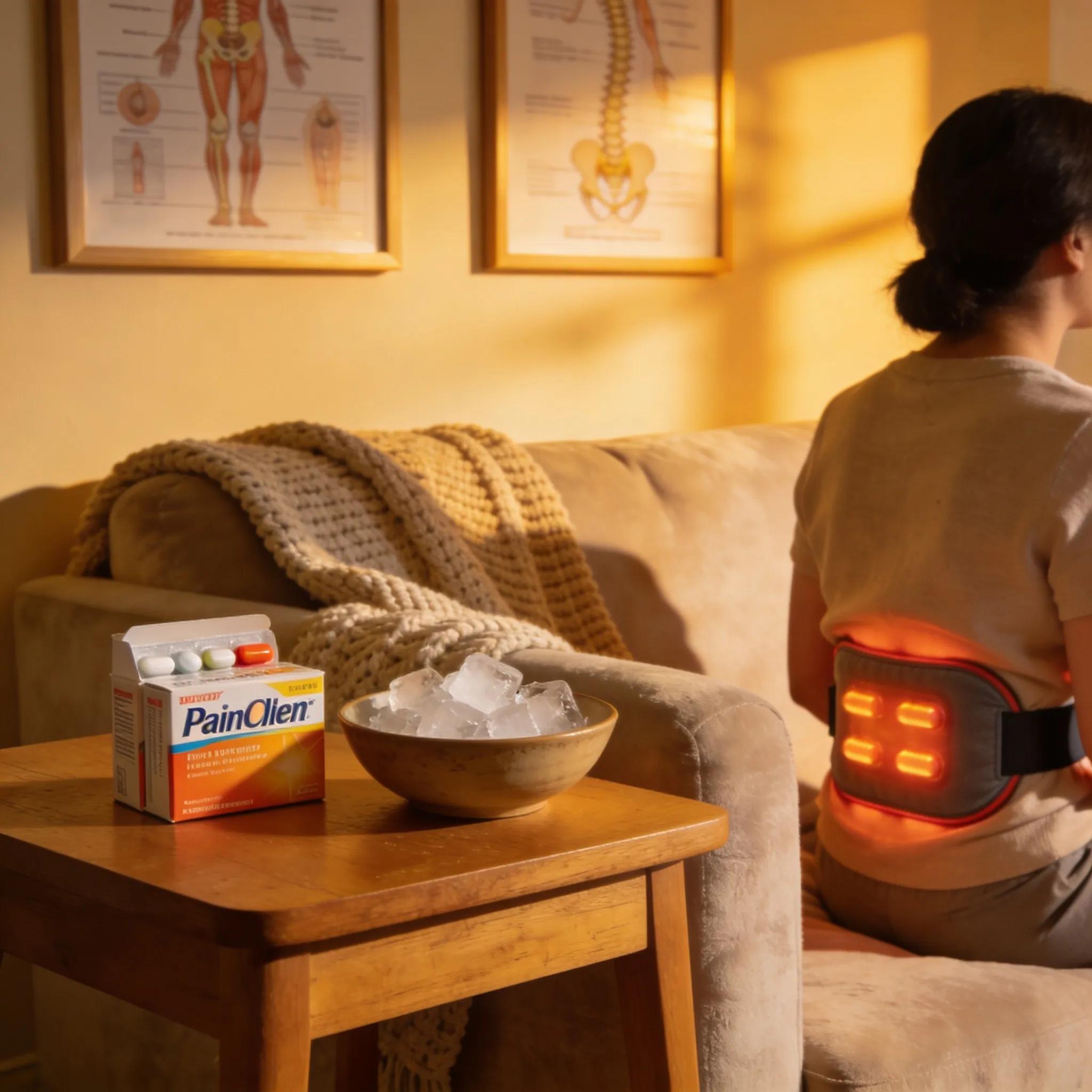 Individual applying a heat wrap for back relief at home, showcasing holistic support for chiropractic care in sciatica