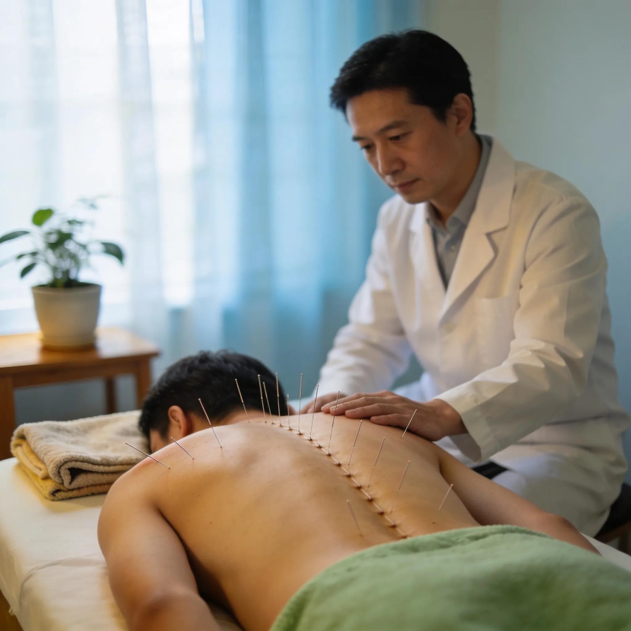 Patient receiving acupuncture treatment for sciatica pain relief, highlighting the therapeutic process and environment