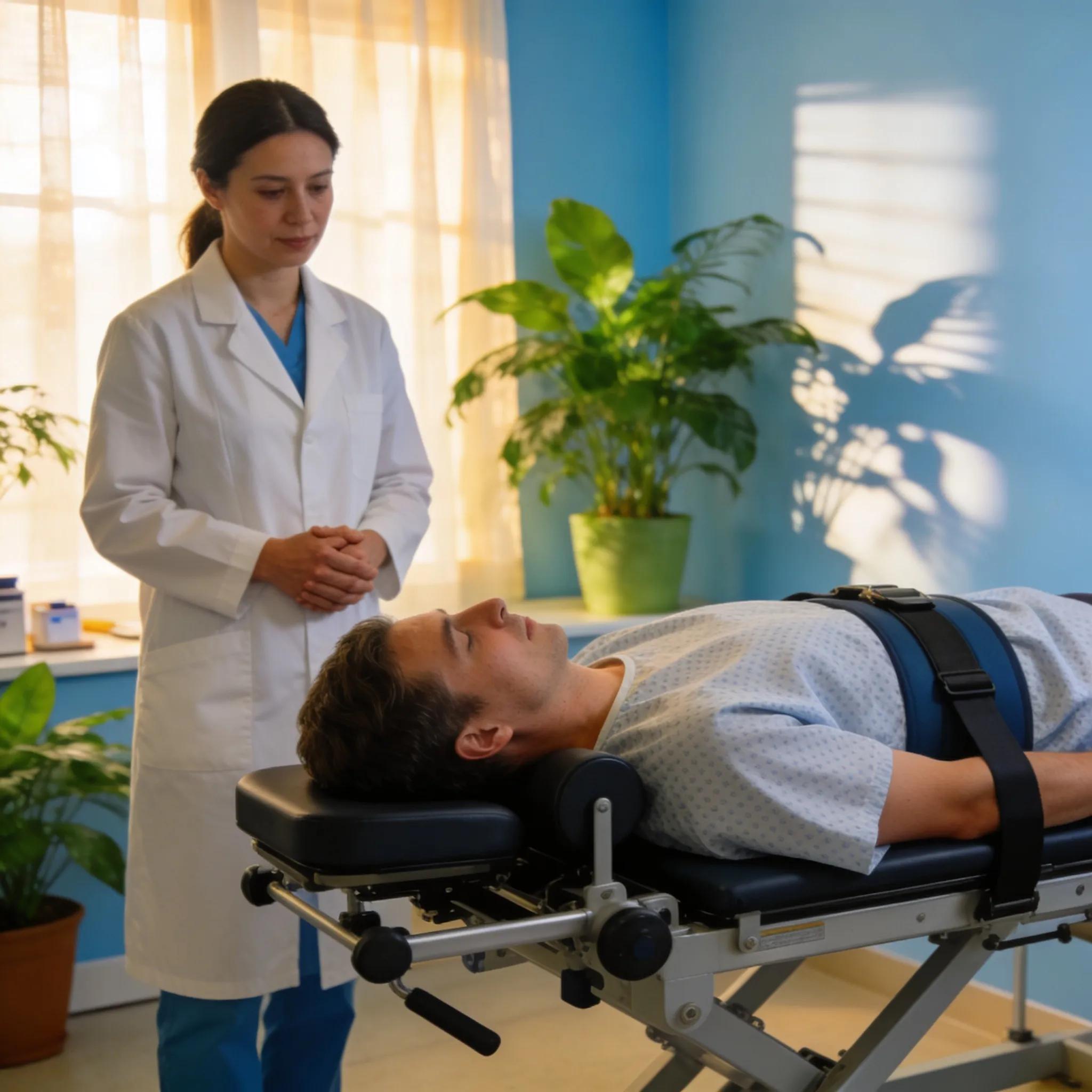 Patient undergoing spinal decompression therapy in a professional clinic environment