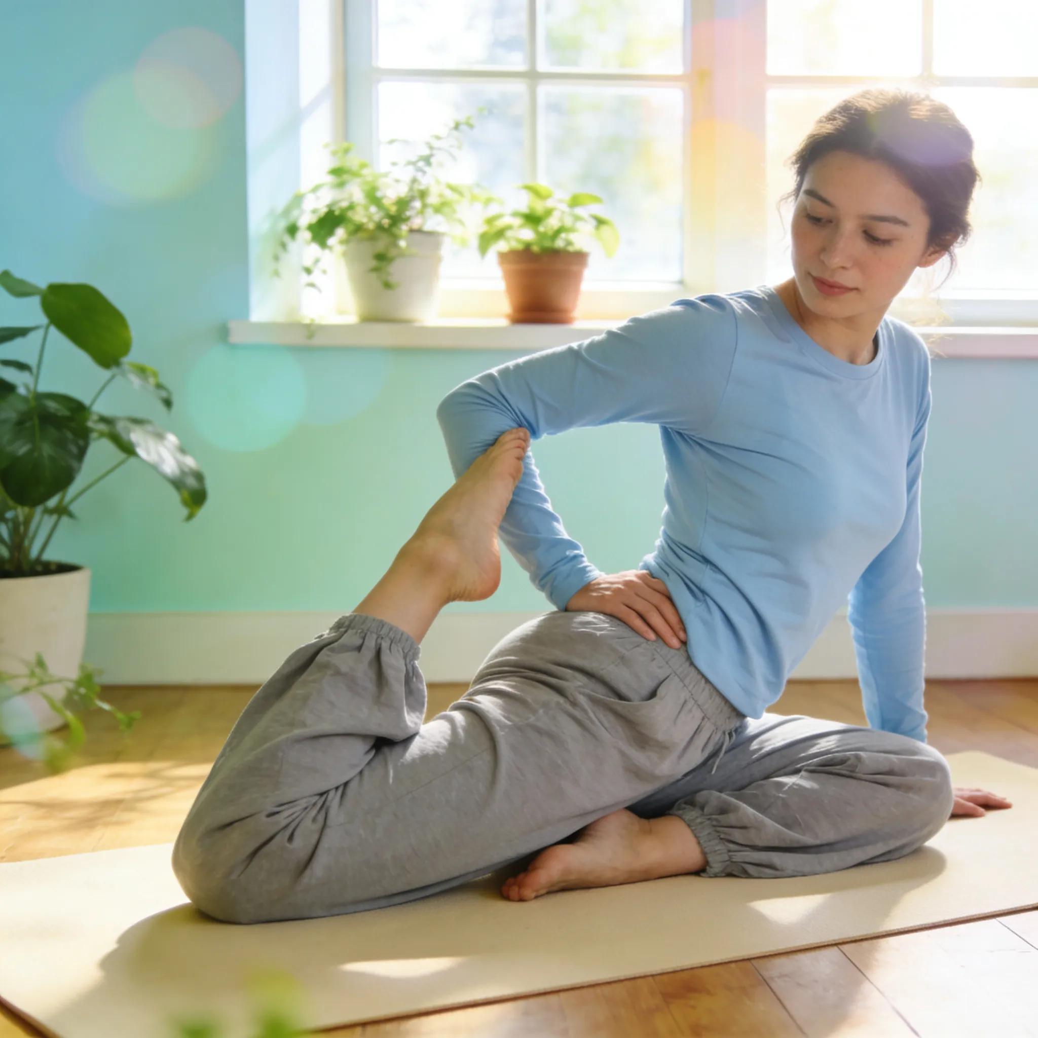 Individual practicing stretching exercises to relieve sciatica pain