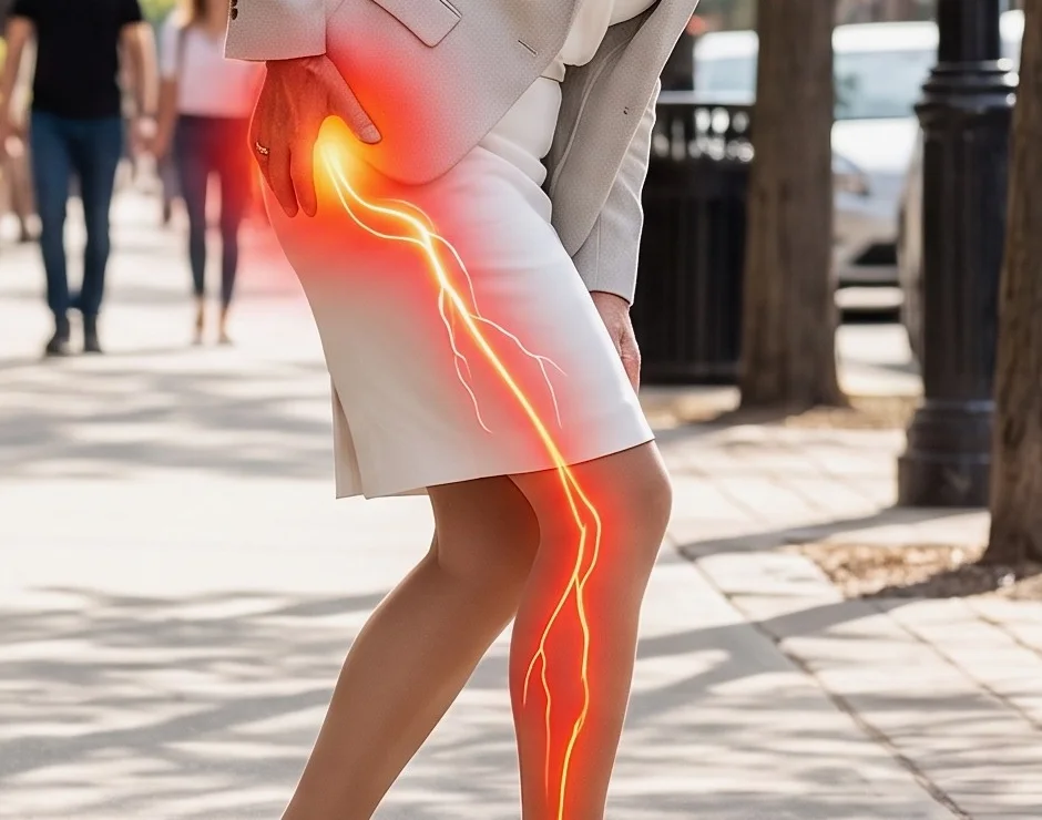 Woman holding her hip with sciatica pain radiating down her leg